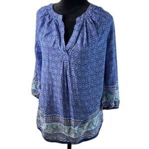Anne Carson Womens Blue Boho Patterned 3/4 Sleeve Blouse S